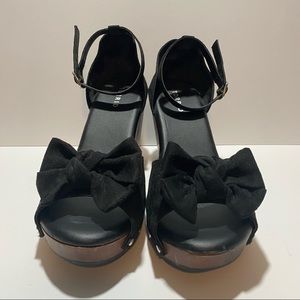 Suede and Wood Bow Wedges